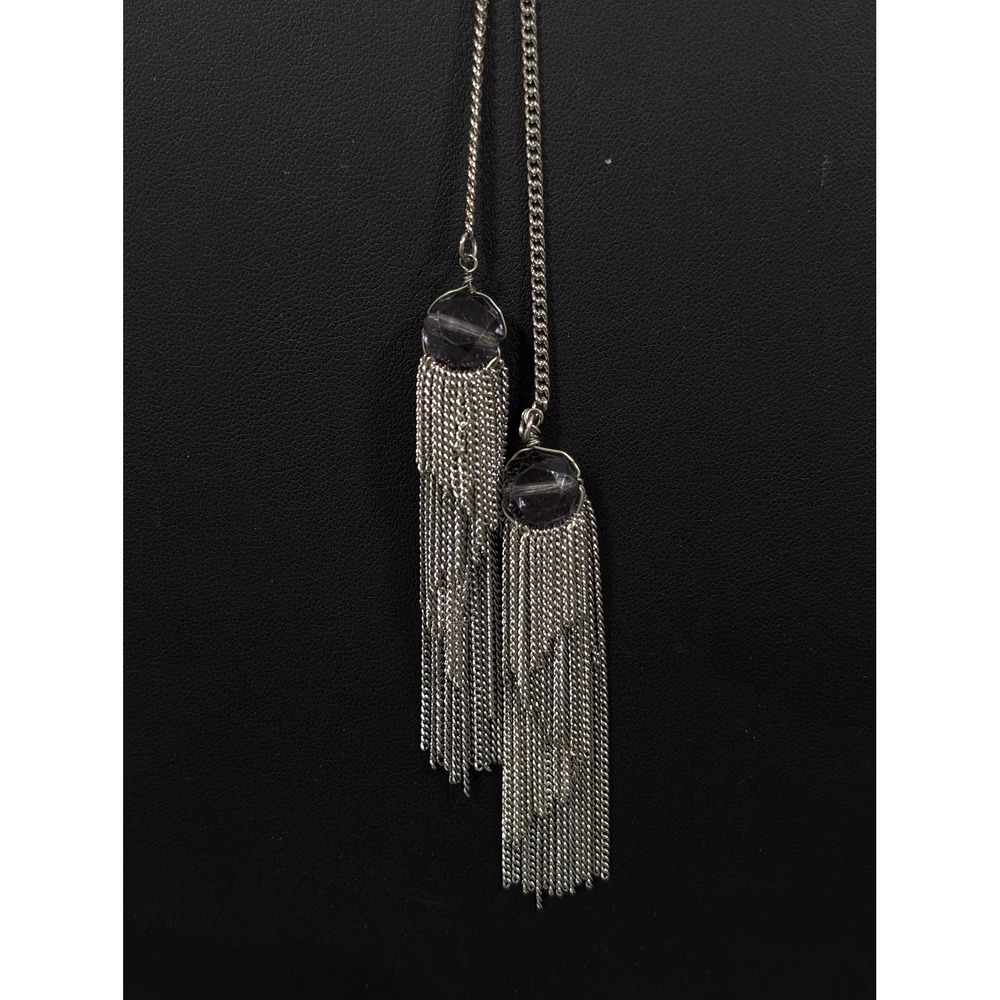 BCBGeneration Silver Tone Gray Glass Bead Double‎ Tassel Necklace 32" NWT